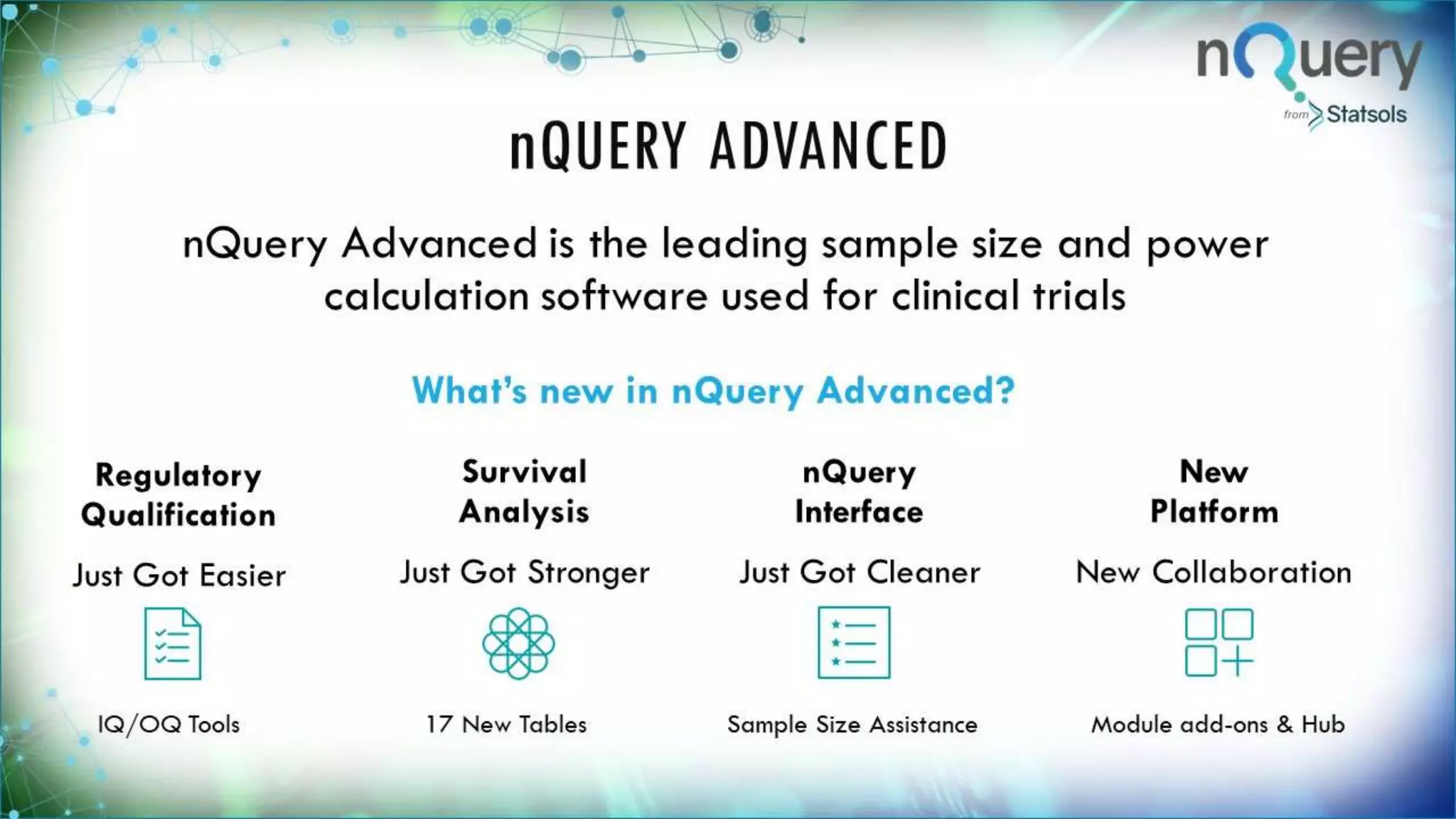 nQUERY ADVANCED
nQuery Advanced is the leading sample size
and power calculation software used for clinical
trials
Regulatory
Qualification
Just Got Easier
Survival
Analysis
Just Got
Stronger
nQuery
Interface
Just Got
Cleaner
New
Platform
New
Collaboration
What’s new in nQuery Advanced?
17 New Tables Sample Size Assistance Module add-ons & HubIQ/OQ Tools
 