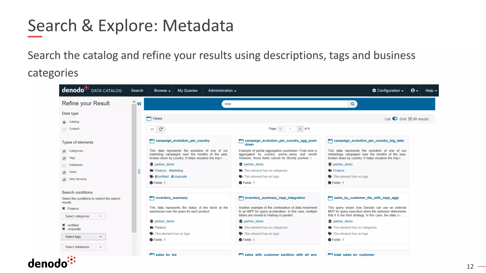 12 Search & Explore: Metadata Search the catalog and refine your results using descriptions, tags and business categories 