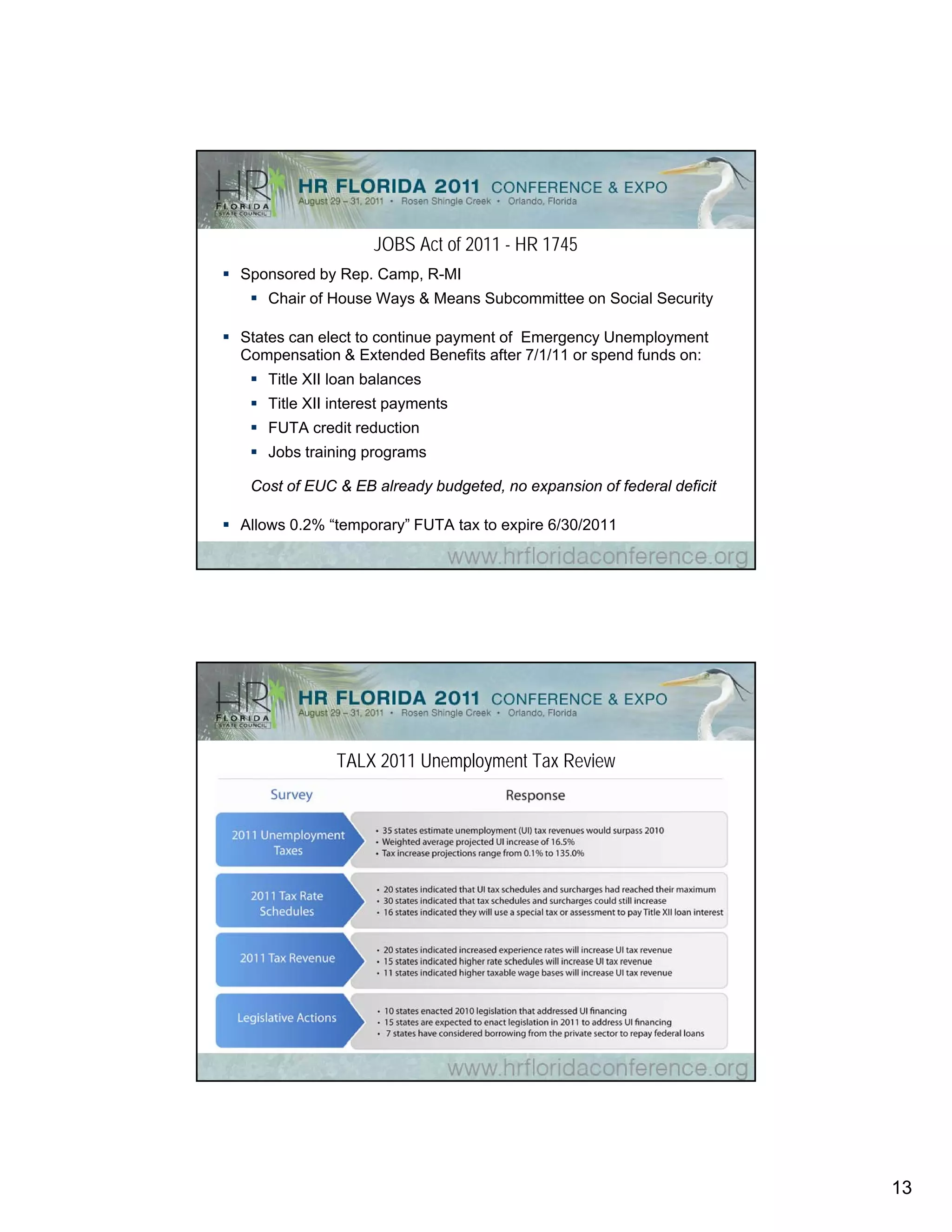 JOBS Act of 2011
                                         Title
                                       HR 1745
                                        JOBS Act of 2011 - HR 1745
 Sponsored by Rep. Camp, R-MI
        Chair of House Ways & Means Subcommittee on Social Security

 States can elect to continue payment of Emergency Unemployment
  Compensation & Extended Benefits after 7/1/11 or spend funds on:
        Title XII loan balances
        Title XII interest payments
        FUTA credit reduction
        Jobs training programs

       Cost of EUC & EB already budgeted, no expansion of federal deficit

 Allows 0.2% “temporary” FUTA tax to expire 6/30/2011




                           TALX 2011
                             Title
                    Unemployment Tax Review
                              TALX 2011 Unemployment Tax Review




Source: NASWA State Unemployment Insurance Tax Survey, April 2011




                                                                            13
 