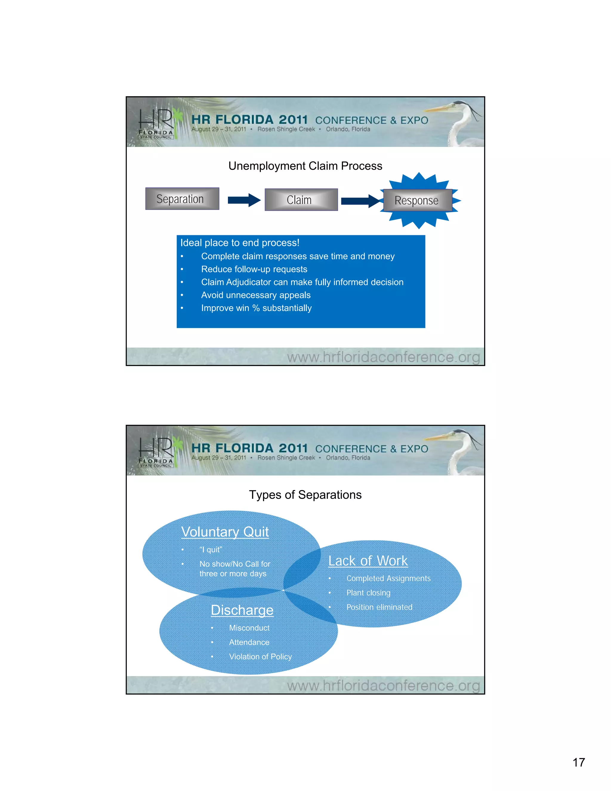 Unemployment Claim Process

Separation                           Claim                       Response


     Ideal place to end process!
     •   Complete claim responses save time and money
     •   Reduce follow-up requests
     •   Claim Adjudicator can make fully informed decision
     •   Avoid unnecessary appeals
     •   Improve win % substantially




                         Types of Separations


     Voluntary Quit
     •   “I quit”
     •   No show/No Call for                 Lack of Work
         three or more days
                                             •   Completed Assignments
                                             •   Plant closing
                                             •   Position li i t d
                                                 P iti eliminated
             Discharge
             •      Misconduct
             •      Attendance
             •      Violation of Policy




                                                                            17
 