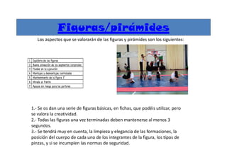 Los aspectos que se valorarán de las figuras y pirámides son los siguientes:
Figuras/pirámides
1.- Se os dan una serie de figuras básicas, en fichas, que podéis utilizar, pero
se valora la creatividad.
2.- Todas las figuras una vez terminadas deben mantenerse al menos 3
segundos.
3.- Se tendrá muy en cuenta, la limpieza y elegancia de las formaciones, la
posición del cuerpo de cada uno de los integrantes de la figura, los tipos de
pinzas, y si se incumplen las normas de seguridad.
 