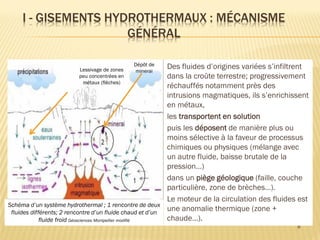 I - GISEMENTS HYDROTHERMAUX : MÉCANISME
GÉNÉRAL
8
Des fluides d’origines variées s’infiltrent
dans la croûte terrestre; pr...