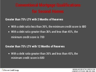 Conventional Mortgage Qualifications
for Second Homes
Greater than 75% LTV with 2 Months of Reserves
With a debt ratio les...