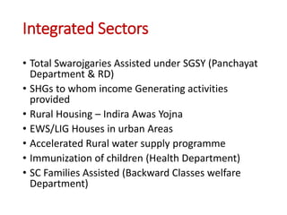 Integrated Sectors
• Total Swarojgaries Assisted under SGSY (Panchayat
Department & RD)
• SHGs to whom income Generating activities
provided
• Rural Housing – Indira Awas Yojna
• EWS/LIG Houses in urban Areas
• Accelerated Rural water supply programme
• Immunization of children (Health Department)
• SC Families Assisted (Backward Classes welfare
Department)
 