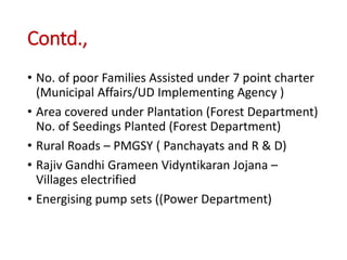 Contd.,
• No. of poor Families Assisted under 7 point charter
(Municipal Affairs/UD Implementing Agency )
• Area covered under Plantation (Forest Department)
No. of Seedings Planted (Forest Department)
• Rural Roads – PMGSY ( Panchayats and R & D)
• Rajiv Gandhi Grameen Vidyntikaran Jojana –
Villages electrified
• Energising pump sets ((Power Department)
 