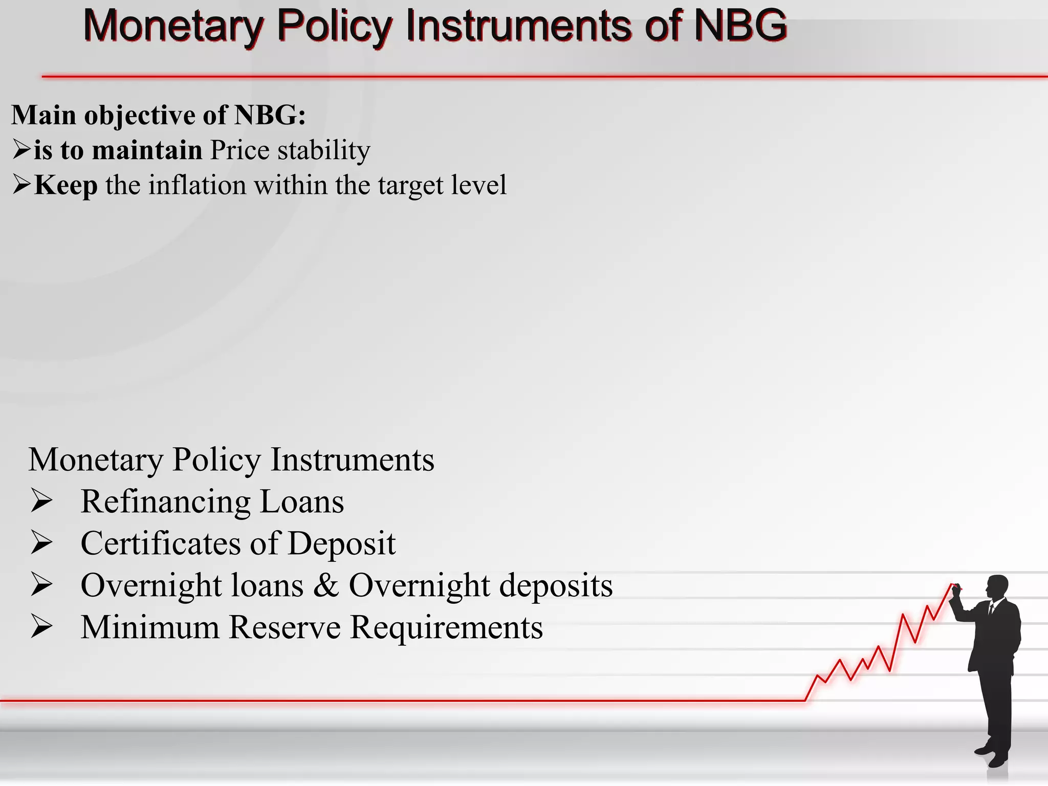 Monetary Policy Instruments of NBG
Main objective of NBG:
is to maintain Price stability
Keep the inflation within the target level




 Monetary Policy Instruments
  Refinancing Loans
  Certificates of Deposit
  Overnight loans & Overnight deposits
  Minimum Reserve Requirements
 