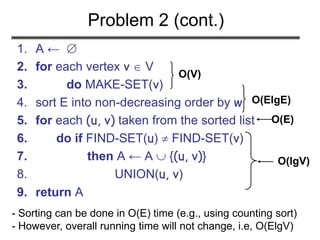 1. A ← 
2. for each vertex v  V
3. do MAKE-SET(v)
4. sort E into non-decreasing order by w
5. for each (u, v) taken from the sorted list
6. do if FIND-SET(u)  FIND-SET(v)
7. then A ← A  {(u, v)}
8. UNION(u, v)
9. return A
O(lgV)
O(V)
O(ElgE)
O(E)
- Sorting can be done in O(E) time (e.g., using counting sort)
- However, overall running time will not change, i.e, O(ElgV)
Problem 2 (cont.)
 