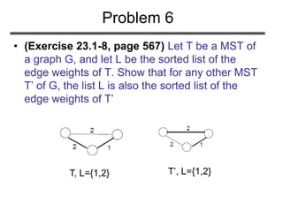 Problem 6
• (Exercise 23.1-8, page 567) Let T be a MST of
a graph G, and let L be the sorted list of the
edge weights of T. Show that for any other MST
T’ of G, the list L is also the sorted list of the
edge weights of T’
T, L={1,2} T’, L={1,2}
 
