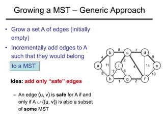 Growing a MST – Generic Approach
a
b c d
e
h g f
i
4
8 7
8
11
1 2
7
2
4 14
9
10
6
• Grow a set A of edges (initially
empty)
• Incrementally add edges to A
such that they would belong
to a MST
– An edge (u, v) is safe for A if and
only if A  {(u, v)} is also a subset
of some MST
Idea: add only “safe” edges
 