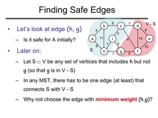 S
V - S
Finding Safe Edges
• Let’s look at edge (h, g)
– Is it safe for A initially?
• Later on:
– Let S  V be any set of vertices that includes h but not
g (so that g is in V - S)
– In any MST, there has to be one edge (at least) that
connects S with V - S
– Why not choose the edge with minimum weight (h,g)?
a
b c d
e
h g f
i
4
8 7
8
11
1 2
7
2
4 14
9
10
6
 