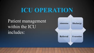 ICU OPERATION
Admission Discharge
Referral Evacuation
Patient management
within the ICU
includes:
 