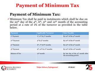 PUBLIC
Payment of Minimum Tax
Payment of Minimum Tax:
Minimum Tax shall be paid in instalments which shall be due on
the 20th day of the 4th, 6th, 9th and 12th month of the accounting
period at a rate of 1% of the turnover as provided in the table
below.
Payment Applicable Turnover Date Payable
1st Payment 1st, 2nd & 3rd months By 20th of the 4th month
2nd Payment 4th & 5th months By 20th of the 6th month
3rd Payment 6th, 7th & 8th months By 20th of the 9th month
4th Payment 9th, 10th & 11th months By 20th of the 12th month
Balance of Tax 12th month By last day of the 4th month after
the accounting period
 
