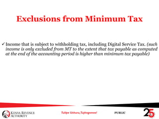 PUBLIC
Exclusions from Minimum Tax
Income that is subject to withholding tax, including Digital Service Tax. (such
income is only excluded from MT to the extent that tax payable as computed
at the end of the accounting period is higher than minimum tax payable)
 