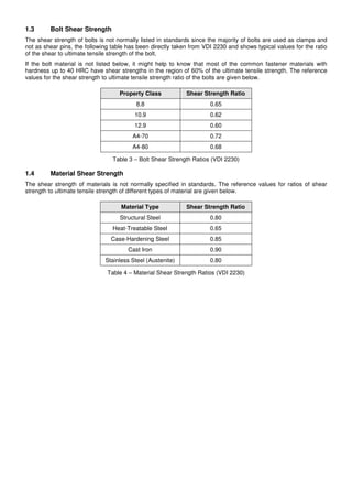 1.3 Bolt Shear Strength
The shear strength of bolts is not normally listed in standards since the majority of bolts are used as clamps and
not as shear pins, the following table has been directly taken from VDI 2230 and shows typical values for the ratio
of the shear to ultimate tensile strength of the bolt.
If the bolt material is not listed below, it might help to know that most of the common fastener materials with
hardness up to 40 HRC have shear strengths in the region of 60% of the ultimate tensile strength. The reference
values for the shear strength to ultimate tensile strength ratio of the bolts are given below.
Property Class Shear Strength Ratio
8.8 0.65
10.9 0.62
12.9 0.60
A4-70 0.72
A4-80 0.68
Table 3 – Bolt Shear Strength Ratios (VDI 2230)
1.4 Material Shear Strength
The shear strength of materials is not normally specified in standards. The reference values for ratios of shear
strength to ultimate tensile strength of different types of material are given below.
Material Type Shear Strength Ratio
Structural Steel 0.80
Heat-Treatable Steel 0.65
Case-Hardening Steel 0.85
Cast Iron 0.90
Stainless Steel (Austenite) 0.80
Table 4 – Material Shear Strength Ratios (VDI 2230)
 
