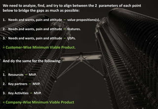 We need to analyze, find, and try to align between the 2 parameters of each point
below to bridge the gaps as much as possible. Then, we align between the
customer-wise and the organization-wise MVPs:




1. Needs and wants, pain and
   attitude AND value
                                                              1. Resources AND MVP.
   propositions(s).                        AND

2. Needs and wants, pain and                                  2. Key partners AND MVP.
   attitude AND features.
                                                              3. Key Activities AND MVP.
3. Needs and wants, pain and
   attitude AND USPs.                                                    =
                                                                 Organization-Wise
              =                                                Minimum Viable Product
        Customer-Wise
    Minimum Viable Product.
 