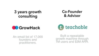 Co-Founder
& Advisor
3 years growth
consulting
An email list of 17,000
founders and
practitioners.
Built a repeatable
grow...