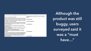 Although the
product was still
buggy, users
surveyed said it
was a “must
have…”
 