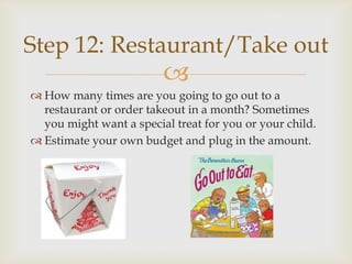 Step 12: Restaurant/Take out
                         
 How many times are you going to go out to a
  restaurant or order takeout in a month? Sometimes
  you might want a special treat for you or your child.
 Estimate your own budget and plug in the amount.
 