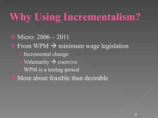 Why Using Incrementalism? Micro: 2006 – 2011 From WPM    minimum wage legislation Incremental change Voluntarily    coercive  WPM is a testing period More about feasible than desirable 