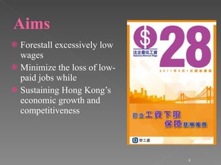 Aims Forestall excessively low wages Minimize the loss of low-paid jobs while Sustaining Hong Kong’s economic growth and competitiveness 