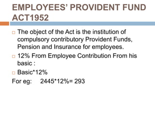 EMPLOYEES’ PROVIDENT FUND
ACT1952
 The object of the Act is the institution of
compulsory contributory Provident Funds,
Pension and Insurance for employees.
 12% From Employee Contribution From his
basic :
 Basic*12%
For eg: 2445*12%= 293
 