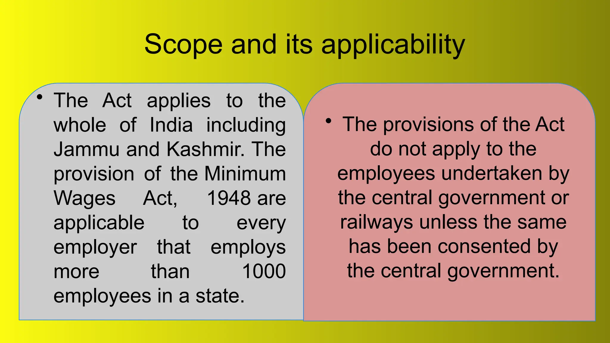 Scope and its applicability
• The Act applies to the
whole of India including
Jammu and Kashmir. The
provision of the Minimum
Wages Act, 1948 are
applicable to every
employer that employs
more than 1000
employees in a state.
• The provisions of the Act
do not apply to the
employees undertaken by
the central government or
railways unless the same
has been consented by
the central government.
 