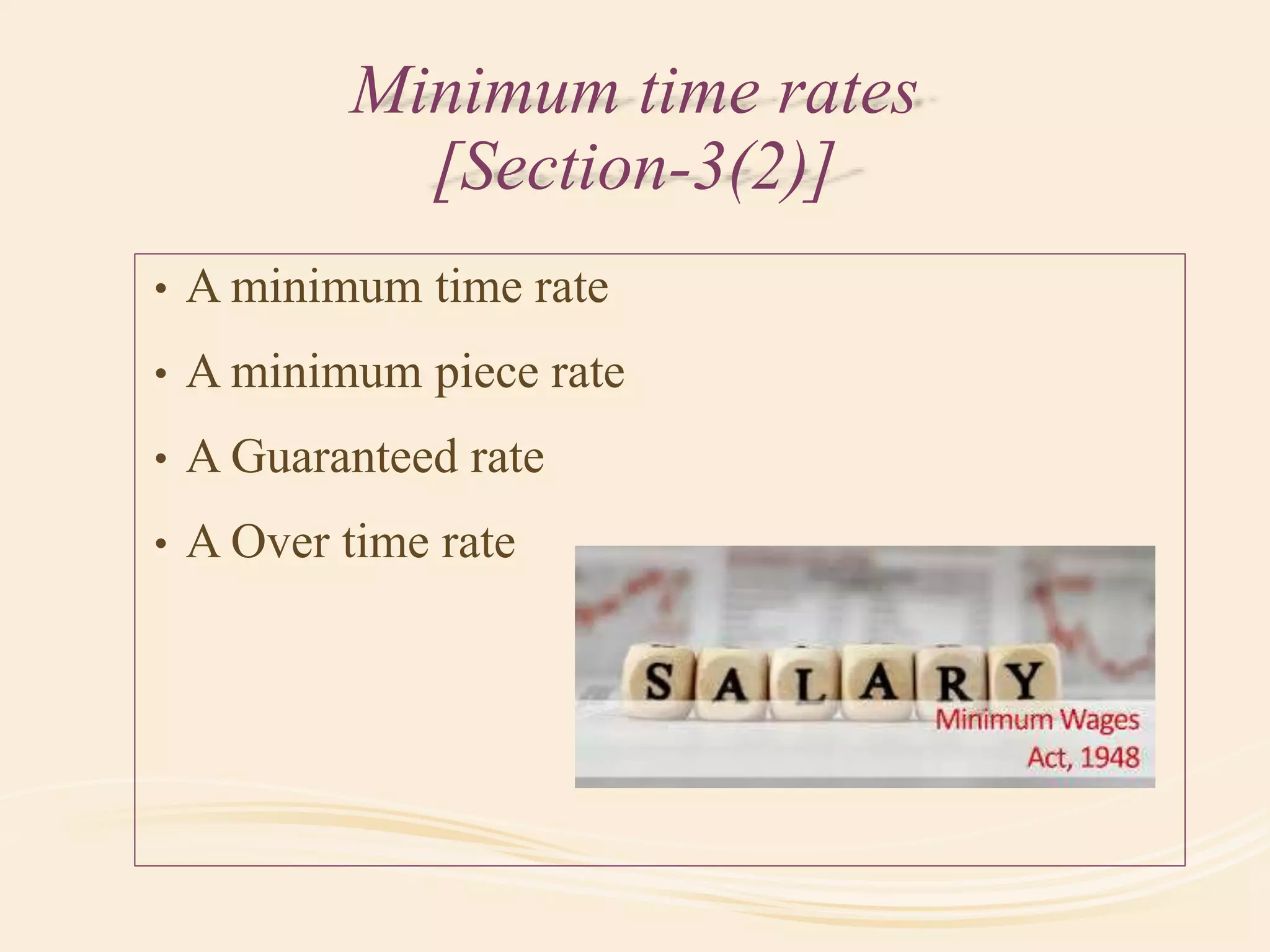 Minimum time rates
[Section-3(2)]
• A minimum time rate
• A minimum piece rate
• A Guaranteed rate
• A Over time rate
 