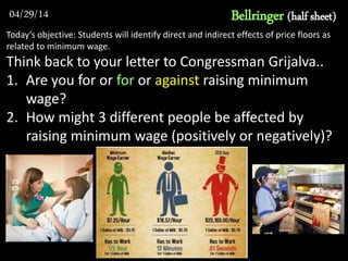 Bellringer (half sheet)
Today’s objective: Students will identify direct and indirect effects of price floors as
related to minimum wage.
Think back to your letter to Congressman Grijalva..
1. Are you for or for or against raising minimum
wage?
2. How might 3 different people be affected by
raising minimum wage (positively or negatively)?
04/29/14
 