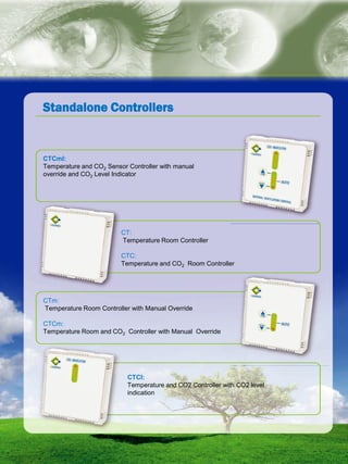 natural ventilation technical submission
Standalone ControllersStandalone Controllers
CTCml:
Temperature and CO2 Sensor Controller with manual
override and CO2 Level Indicator
CT:
Temperature Room Controller
CTC:
Temperature and CO2 Room Controller
CTm:
Temperature Room Controller with Manual Override
CTCm:
Temperature Room and CO2 Controller with Manual Override
CTCI:
Temperature and CO2 Controller with CO2 level
indication
 
