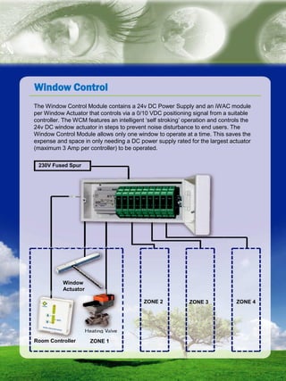 natural ventilation technical submission
0844 809 2509 | airtherm.co.uk | info@airtherm.co.uk
Window Control
230V Fused Spur
Window
Actuator
Room Controller ZONE 1
ZONE 2 ZONE 3 ZONE 4
The Window Control Module contains a 24v DC Power Supply and an iWAC module
per Window Actuator that controls via a 0/10 VDC positioning signal from a suitable
controller. The WCM features an intelligent ‘self stroking’ operation and controls the
24v DC window actuator in steps to prevent noise disturbance to end users. The
Window Control Module allows only one window to operate at a time. This saves the
expense and space in only needing a DC power supply rated for the largest actuator
(maximum 3 Amp per controller) to be operated.
Window Control
 