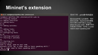 Mininet’s extension
简单示例：print命令的添加
在mininet中输入print命令，可打
印对应信息。若print之后无参数，
则打印默认信息”talk is cheap,
show me your code”, 若携带参数，
则直接打印参数，如”No, a coder
need to learn speaking skill.”
 