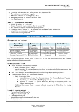 THE PHILIPPINES’ MINERAL POTENTIAL
                                                                                                      07 April 2010




   -    Exemption from wharfage dues and export tax, duty, impost and fees
   -    Tax credit on raw materials and supplies
   -    Additional deduction for labor expense (ADLE)
   -    Additional deduction for major infrastructure works
   -    Non-fiscal incentives

Under PEZA (for mineral processing)
   -    Income tax holiday for 4 to 8 years
   -    Special 5% tax rate on gross income after the lapse of ITH
   -    Tax and duty exemption on imported capital equipment
   -    Exemption from 12% input VAT on allowable local purchase of goods and services
   -    Unrestricted use of consigned equipment
   -    Employment of foreign nationals

                                  Mineral Agreements and Fiscal Regime

Mining permits and contracts

              Type of Mining           Maximum Area                     Term              Qualified Person
              Rights/Permits                (has.)
       Exploration Permit (EP)         32,000 onshore         2 years; renewable to a    individuals or Filipinos
                                       81,000 offshore         maximum of 6 years        or foreign corporations
       Mineral Production Sharing      16,200 onshore        25 years; renewable for a    individuals or Filipino
       Agreement (MPSA)                40,500 offshore              like period                corporations
       Financial or Technical          81,000 onshore        25 years; renewable for a      Filipino or foreign
       Assistance Agreement (FTAA)     324,000 offshore             like period                corporations

100% foreign participation is allowed under EP and FTAA as well as in Mineral Processing. For MPSA it
requires at least 60% Filipino ownership.

Fiscal regime under FTAA
         allows recovery of Pre-Operating Expenses
               set at a maximum of five (5) years
               may be extended for projects incurring very large investments with high production rate and
               extensive mine life
         50% - 50% sharing of the Net Mining Revenue (after recovery of pre-operating expenses)
         The government share of 50% comprise the following:
               Basic Government Share:
                         national taxes, i.e., Excise Tax, Corporate Income Tax, Customs Duties and Fees, etc.
                         local taxes, i.e., Business Tax, Real Property Tax, etc.,
                         payment to Filipinos, i.e., Special Allowance, Royalty to indigenous people, land
                         owners or claim owners
               Additional Government Share – amount collected to achieve the 50% of the Net Mining
               Revenue

Other laws affecting mining
   -    People’s Small Scale Mining Act
   -    Indigenous Peoples Rights Act
   -    Local Government Code
   -    National Integrated Protected Areas System Act
   -    Environment Laws



                                          Industry Studies Department                                               5
                                             Board of Investments
 
