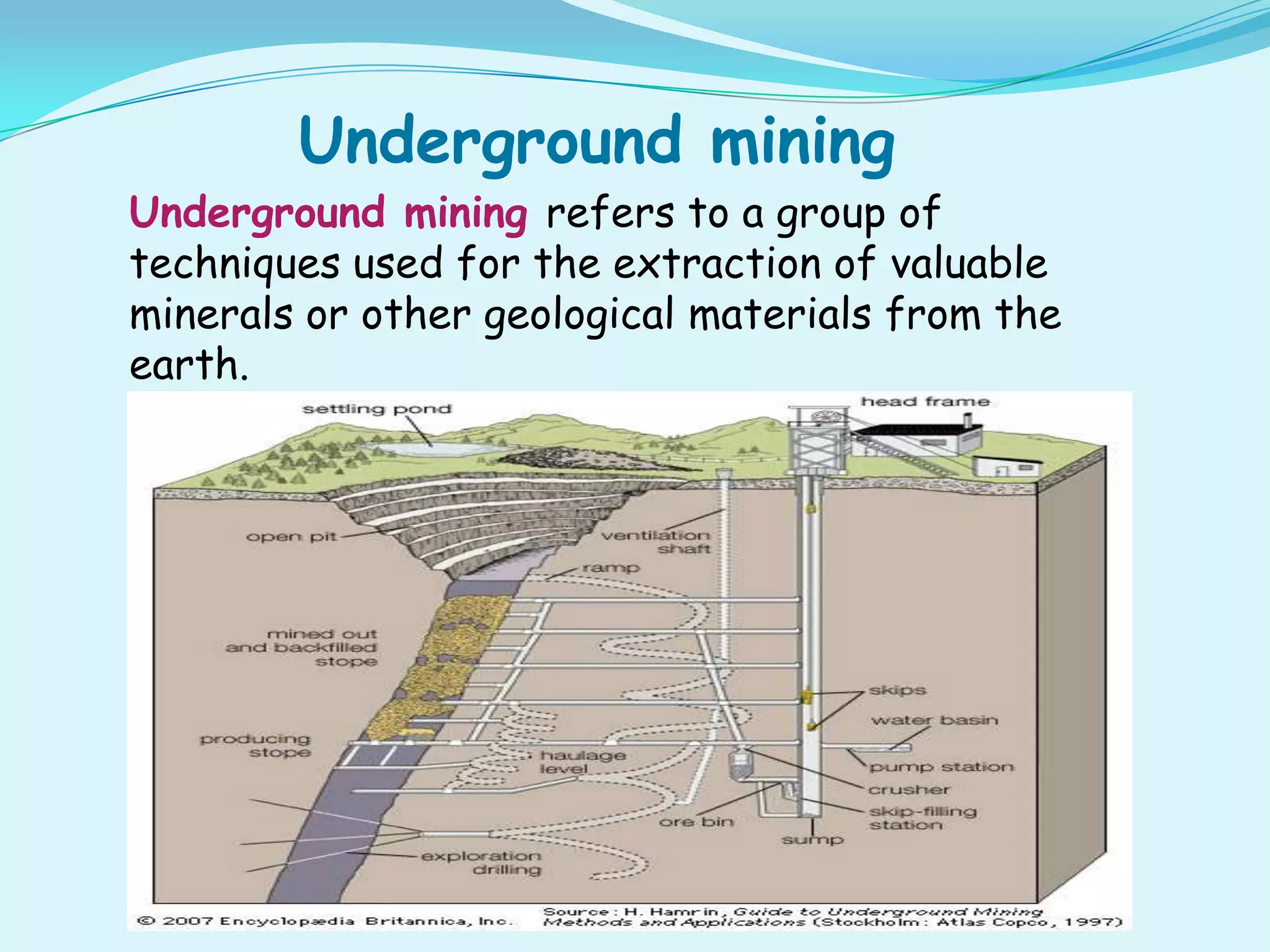 Underground mining
Underground mining refers to a group of
techniques used for the extraction of valuable
minerals or other geological materials from the
earth.
 