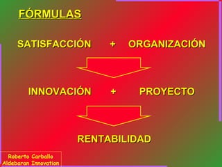 FÓRMULAS
SATISFACCIÓN

+

ORGANIZACIÓN

INNOVACIÓN

+

PROYECTO

RENTABILIDAD
Roberto Carballo
Aldebaran Innovation

 