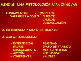 MINING: UNA METODOLOGÍA PARA INNOVAR
1. FUNDAMENTOS
= f (MODELO)
VARIABLES MODELO: CLIENTE
CALIDAD
COMUNICACIÓN
2. EXPERIENCIA Y GRUPO DE TRABAJO
3. MIX METODOLÓGICO:
-

EXPERIENCIAL
GRUPAL
CONOCIMIENTO
ACCIÓN
COHERENCIA

REALIDAD
GRUPO DE TRABAJO
MET.CIENTIFICO
APRENDIZAJE
VALORES

 