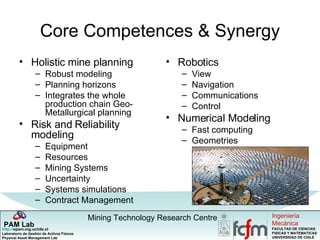 Core Competences & Synergy Holistic mine planning Robust modeling Planning horizons Integrates the whole production chain Geo-Metallurgical planning Risk and Reliability modeling  Equipment Resources Mining Systems Uncertainty Systems simulations Contract Management Robotics View Navigation Communications Control Numerical Modeling Fast computing Geometries 