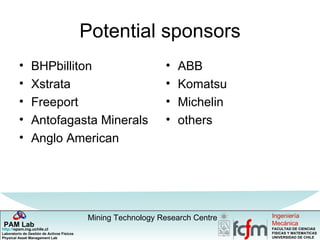 Potential sponsors BHPbilliton Xstrata Freeport Antofagasta Minerals Anglo American  ABB Komatsu Michelin others 