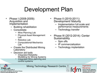 Development Plan Phase I (2008-2009): Acquisition and Implementation Building rehabilitation Consolidate Mine Planning Lab Physical Asset Management Lab Robotics Lab Computational Mechanics  Lab  Create the Distributed Mining Laboratory Decision aid tools Integrated Reliability Modelling for Mining Systems Integrated Mine planning and control systems Phase II (2010-2011): Development/ Maturity Implementation full scale and performance measurements  Technology transfer Phase III (2012-2014): Center Sustainability Spin offs  IP commercialization Technology implantation 