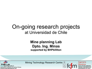 On-going research projects at Universidad de Chile Mine planning Lab Dpto. Ing. Minas supported by BHPbilliton 