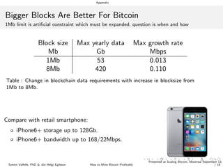 Appendix
Bigger Blocks Are Better For Bitcoin
1Mb limit is artiﬁcial constraint which must be expanded, question is when and how
Block size Max yearly data Max growth rate
Mb Gb Mbps
1Mb 53 0.013
8Mb 420 0.110
Table : Change in blockchain data requirements with increase in blocksize from
1Mb to 8Mb.
Compare with retail smartphone:
iPhone6+ storage up to 128Gb.
iPhone6+ bandwidth up to 168/22Mbps.
Sveinn Valfells, PhD & J´on Helgi Egilsson How to Mine Bitcoin Proﬁtably
Presented at Scaling Bitcoin, Montreal September 13,
/ 16
 