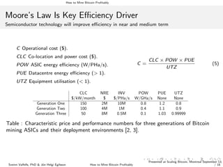 How to Mine Bitcoin Proﬁtably
Moore’s Law Is Key Eﬃciency Driver
Semiconductor technology will improve eﬃciency in near and medium term
C Operational cost ($).
CLC Co-location and power cost ($).
POW ASIC energy eﬃciency (W/PHa/s).
PUE Datacentre energy eﬃciency (> 1).
UTZ Equipment utilisation (< 1).
C =
CLC × POW × PUE
UTZ
(5)
CLC NRE INV POW PUE UTZ
$/kW/month $ $/PHa/s W/GHa/s None None
Generation One 150 2M 10M 0.8 1.2 0.8
Generation Two 100 4M 1M 0.4 1.1 0.9
Generation Three 50 8M 0.5M 0.1 1.03 0.99999
Table : Characteristic price and performance numbers for three generations of Bitcoin
mining ASICs and their deployment environments [2, 3].
Sveinn Valfells, PhD & J´on Helgi Egilsson How to Mine Bitcoin Proﬁtably
Presented at Scaling Bitcoin, Montreal September 13,
/ 16
 