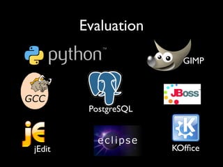 Evaluation

                        GIMP




         PostgreSQL



                      KOfﬁce
jEdit