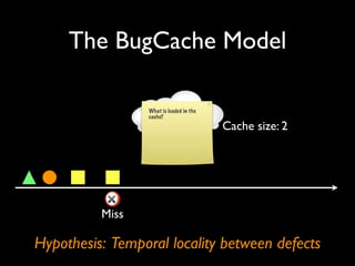 The BugCache Model

                 What is loaded in the
                 cache?

                                         Cache size: 2




          Miss

Hypothesis: Temporal locality between defects