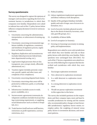 Survey questionnaire                                   11. Political stability;
                                                       12. Labour regulations/employment agreements
The survey was designed to capture the opinions of
                                                           and labour militancy/work disruptions;
managers and executives regarding the level of in-
vestment barriers in jurisdictions in which their      13. Quality of the geological database (includes
companies were familiar. Respondents were asked            quality and scale of maps, ease of access to in-
to indicate how each of the 17 policy factors below        formation, etc.);
influence company decisions to invest in various ju-   14. Level of security (includes physical security
risdictions.                                               due to the threat of attack by terrorists, crimi-
                                                           nals, guerrilla groups, etc.);
1.   Uncertainty concerning the administration,
     interpretation, or enforcement of existing reg-   15. Availability of labour/skills;
     ulations;
                                                       16. Level of corruption (or honesty);
2.   Uncertainty concerning environmental regu-
                                                       17. Growing (or lessening) uncertainty in mining
     lations (stability of regulations, consistency
                                                           policy and implementation.
     and timeliness of regulatory process, regula-
     tions not based on science);                      Respondents were asked to score only jurisdictions
3.   Regulatory duplication and inconsistencies        with which they were familiar and only on those
     (includes federal/provincial, federal/state,      policy factors with which they were familiar. Policy
     inter-departmental overlap, etc.);                questions were unchanged from 2011/2012. For
                                                       each of the 17 factors, respondents were asked to se-
4.   Legal system (legal processes that are fair,
                                                       lect one of the following five responses that best de-
     transparent, non-corrupt, timely, efficiently
                                                       scribed each jurisdiction with which they were
     administered, etc.)
                                                       familiar:
5.   Taxation regime (includes personal, corpo-
     rate, payroll, capital, and other taxes, and      1.   Encourages exploration investment
     complexity of tax compliance);                    2.   Not a deterrent to exploration investment
6.   Uncertainty concerning disputed land claims;      3.   Is a mild deterrent to exploration invest-
7.   Uncertainty concerning what areas will be              ment
     protected as wilderness, parks, or archeologi-    4.   Is a strong deterrent to exploration invest-
     cal sites, etc.;                                       ment
8.   Infrastructure (includes access to roads,         5.   Would not pursue exploration investment
     power availability, etc.);                             in this region due to this factor
9.   Socioeconomic agreements/community de-            The survey also included questions on the respon-
     velopment conditions (includes local purchas-     dents and their company types; most and least fa-
     ing or processing requirements, or supplying      vourable jurisdictions for mining and the reasons
     social infrastructure such as schools or hospi-   why; recommended policy changes in least favour-
     tals, etc.);                                      able jurisdiction(s); regulatory horror stories; ex-
10. Trade barriers (tariff and non-tariff barriers,    emplary policy; the weighting of mineral versus
    restrictions on profit repatriation, currency      policy factors in investment decisions; and invest-
    restrictions, etc.);                               ment patterns.


10                                                                                www.fraserinstitute.org
 