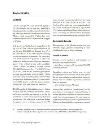 Global results

Canada                                                    score amongst Canadian jurisdictions, increasing
                                                          from 50.4 in 2011/2012 to 63.7 in 2012/2013. The
Canada’s average PPI score improved slightly in           Northwest Territories saw improvement in all pol-
2012/2013, but for the first time since 2006/2007, a      icy factors, most significantly in its legal system
Canadian jurisdiction did not rank first in the sur-      (23%); labour and skill availability (13%); and uncer-
vey. The highest ranked Canadian jurisdiction was         tainty concerning the administration, interpreta-
Alberta, which remained in 3rd place. Last year’s         tion, and enforcement of existing regulations (12%).
number one jurisdiction, New Brunswick, dropped
to 4th place.                                             Comments: Canada

Both Quebec and Saskatchewan dropped out of the           The comments in the following section have been
top 10 in 2012/2013. Saskatchewan had been in the         edited for length, grammar and spelling, to retain
top 10 since 2008/2009 and dropped from 6th in            confidentiality, and to clarify meanings.
2011/2012 to 13th in 2012/2013 due to worsening
perceptions amongst respondents for uncertainty           Canada in general
over which areas will be protected as wilderness,
                                                          Canadian mining regulations and legislation are
parks, or archeological sites (-12%)1; the taxation re-
                                                          generally easy to operate under.
gime (-11%); and labour and skills availability
                                                          —A producer company with more than US$50M,
(-10%). Quebec had been in the top 10 since
                                                          Company president
2001/2002, but it dropped to 11th in 2012/2013 from
5th in 2011/2012 due to worsening perceptions             Ca na dian pro jects [are] tak ing years to wind
amongst respondents for political stability (-25%);       through regulatory processes in which every opinion
and uncertainty concerning the administration,            has the same validity regardless of how poorly in-
interpretation, and enforcement of existing regula-       formed. I am not sure that any province is immune
tions (-14%). Quebec was the top-ranked jurisdic-         from this nonsense.
tion in 2007/2008, 2008/2009, and 2009/2010.              —A consulting company, Manager

The PPI score for all of Canada’s territories—Yukon,      Constant back and forth in Canada [with] First Na-
Nunavut, and the Northwest Territories—contin-            tions trying to prove negative impacts of mining in
ued to improve in this year’s survey. In fact, for the    order to get contractual financial and other commit-
second year in a row, Yukon was among the top 10          ments from mining companies. We need to find our
jurisdictions. The Northwest Territories showed           way to a regulatory and cultural regime where First
the greatest year-to-year improvement in it its PPI       Nations can focus on holding companies to responsi-


1     Numbers in brackets refer to the difference in the percentage of respondents who responded that a
      particular policy factor “Encourages investment” between the 2011/2012 and 2012/2013 mining surveys.




2012/2013 Survey of Mining Companies                                                                         27
 