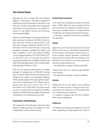 The United States

Although the USA’s average PPI score declined             United States in general
slightly in 2012/2013, it had three jurisdictions
ranked in the top 10: Wyoming (5), Nevada (7), and        There needs to be a classification just for the “United
Utah (10). Overall, US jurisdictions have improved        States.” While Alaska has great potential and the
their PPI scores over the last five years, with the ex-   state government is welcoming, the federal govern-
ception of top-ranked Ne vada and Wy oming,               ment exerts incredible control over Alaska and thus
which dropped slightly.                                   it’s difficult to rate it high, given the federal intrusion.
                                                          —A producer company with more than US$50M,
Minnesota and Michigan saw the largest declines in        Vice president
their scores and rankings in 2012/2013. However,
both had also moved up sig nif i cantly in the            Alaska
2011/2012 rankings. Minnesota fell from 22nd in
2011/2012 to 40th in 2012/2013 due to worsening           Supportive government, particularly in the central
perceptions amongst respondents for labour and            district where areas are specifically designated for
skills availability (-26%); and political stability       mineral resource development. Permit process is a
(-14%). Michigan fell from 23rd in 2011/2012 to 33rd      known quantity. Despite opposition in Southwest
in 2012/2013 due to wors en ing per cep tions             Alaska toward one project, the central district is the
amongst respondents for availability of labour and        best place to have a project for certainty, exploration
skills (-29%); the legal system (-18%); and the quality   potential and geo-political risk.
of the geological database (-14%).                        —An exploration company, Company president

Utah saw the greatest improvement in rankings             Alaska Land Claims Act. Unequivocally identifies
amongst US jurisdictions in 2012/2013, moving             native interest.
from 21st in 2011/2012 to 9th due to increased survey     —An exploration company, Company president
ratings for the quality of the geological database
(29%); taxation regime (22%); and regulatory dupli-       Arizona
cation and inconsistencies (12%). Alaska also im-
proved since last year’s sur vey—from 25 th in            Withdrawal of over one million acres of federal
2011/2012 to 19th in 2012/2013. The improvement           lands in northern Arizona in January 2012 to pre-
was due to increased survey ratings for availability      vent mining. The result was over 99% of valid claims
of labour and skills (13%); the quality of the geologi-   were closed to further exploration.
cal database (11%); and infrastructure (8%).              —A producer company with less than US$50M,
                                                          Other senior management
Comments: United States
                                                          California
The comments in the following section have been
edited for length, grammar and spelling, to retain        In California, greenhouse gas regulations (cap and
confidentiality, and to clarify meanings.                 trade regulations) are being implemented. There is




2012/2013 Survey of Mining Companies                                                                              35
 