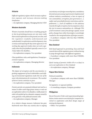 Victoria                                                    uncertainty over foreign ownership laws, mandatory
                                                            downstream processing requirements (implemented
Difficult regulatory regime which increases explora-        without industry consultation), a ban on export of
tion ex penses and in creases de ci sion-mak ing            raw commodities, corruption, poor governance […],
timeframes.                                                 unfair and unworkable forestry restrictions and im-
—An exploration company, Managing director/ CEO             pediments […], lack of confidence in the judiciary
                                                            (mainly through corruption, but incompetence also),
Western Australia                                           the rise in resource nationalism, etc. Although 70%
                                                            of all investment comes from foreign capital, recent
Western Australia should have everything going for
                                                            policy changes have either knowingly or unwittingly
it, but its permitting processes are now more costly
                                                            resulted in the marginalization of foreign investors.
than actual exploration on the ground, are slow, and
                                                            —A producer company with less than US$50M,
the reg u la tors woe fully un der manned and
                                                            Vice-president
underfunded. In exploration and development, time
is money and imposing 60-day (some agencies) or 45
                                                            New Zealand
working day approval window does not work, espe-
cially when the first feedback typically comes in 2 or      Risk-based approach to permitting. Easy and local
3 days before the deadline...                               councils have all the regulatory power without having
—An exploration company, Vice-president                     to jump through hoops with different regulators.
                                                            —A producer company with more than US$50M,
Clear guidelines, rules, and regulations. Prompt gov-
                                                            Vice-president
ernment response.
—An exploration company, Managing director                  Quick issuing of permits (within 40 or so days) to
                                                            carry out exploration in New Zealand.
Indonesia                                                   —An exploration company, Manager

The degree of corruption and the uncertainties re-
                                                            Papua New Guinea
garding engagement of local stakeholders and shift-
ing environmental regulations make this one of the          Political instability.
most risky destinations for investment. The number          —A producer company with more than US$50M,
of horror stories continues to grow.                        Manager
—An exploration company, Vice-president
                                                            No legislative or regional stability.
Forestry permits are purposely delayed and used as a        —A consulting company, Company president
means to either extort huge grease money or wait out
an exploration to force it to abandon a viable project in   Philippines
order to be picked up by a domestic company owned by
army generals or the political/economic elite.              Recent Executive Order and required pending legis-
—An exploration company, Manager                            lation creates massive uncertainty for companies in-
                                                            volved in exploration and final design stages of
As a relative change measure, Indonesia has gone            mining development.
backwards more than any country due to ongoing              —Other, Vice-president




2012/2013 Survey of Mining Companies                                                                          41
 