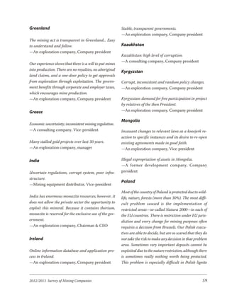 Greenland                                                Stable, transparent governments.
                                                         —An exploration company, Company president
The mining act is transparent in Greenland... Easy
to understand and follow.                                Kazakhstan
—An exploration company, Company president
                                                         Kazakhstan: high level of corruption.
                                                         —A consulting company, Company president
Our experience shows that there is a will to put mines
into production. There are no royalties, no aboriginal   Kyrgyzstan
land claims, and a one-door policy to get approvals
from exploration through exploitation. The govern-       Corrupt, inconsistent and random policy changes.
ment benefits through corporate and employer taxes,      —An exploration company, Company president
which encourages mine production.
—An exploration company, Company president               Kyrgyzstan: demand for free participation in project
                                                         by relatives of the then President.
Greece                                                   —An exploration company, Company president

                                                         Mongolia
Economic uncertainty; inconsistent mining regulation.
—A consulting company, Vice-president                    Incessant changes to relevant laws as a kneejerk re-
                                                         action to specific instances and its desire to re-open
Many stalled gold projects over last 30 years.           existing agreements made in good faith.
—An exploration company, manager                         —An exploration company, Vice-president

India                                                    Illegal expropriation of assets in Mongolia.
                                                         —A for mer de vel op ment com pany, Com pany
Uncertain regulations, corrupt system, poor infra-       president
structure.
                                                         Poland
—Mining equipment distributor, Vice-president
                                                         Most of the country of Poland is protected due to wild-
India has enormous monazite resources; however, it       life, nature, forests (more than 30%). The most diffi-
does not allow the private sector the opportunity to     cult problem caused is the implementation of
exploit this mineral. Because it contains thorium,       restricted areas—so-called Natura 2000—in each of
monazite is reserved for the exclusive use of the gov-   the EU countries. There is restriction under EU juris-
ernment.                                                 diction and every change for mining purposes often
—An exploration company, Chairman & CEO                  requires a decision from Brussels. Our Polish execu-
                                                         tives are able to decide, but are so scared that they do
Ireland                                                  not take the risk to make any decision in that problem
                                                         area. Sometimes very important deposits cannot be
Online information database and application pro-         exploited due to the nature restriction, although there
cess in Ireland.                                         is sometimes really nothing worth being protected.
—An exploration company, Company president               This problem is especially difficult in Polish lignite



2012/2013 Survey of Mining Companies                                                                          59
 