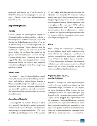 duras and India moved out of the bottom 10 in              PPI and ranking while Tasmania dropped most sig-
2012/2013. Honduras’ ranking improved from last            nificantly. New Zealand’s PPI score and ranking
spot (93rd) in 2011/2012 to 83rd, while India moved        also declined slightly, breaking a trend that has seen
from 89th to 81st.                                         it improving steadily over the last five years. Indo-
                                                           nesia dropped the most in the rankings for Oceania
                                                           to last place in this year’s survey (96th) while the
Regional highlights
                                                           Philippines remained at 88th, also in the bottom 10.
                                                           Comments about these jurisdictions were a mixture
Canada
                                                           of positive and negative, although many of the min-
Canada’s average PPI score improved slightly, al-          ers’ concerns related to uncertainties and, in partic-
though a Canadian jurisdiction did not rank first in       ular, the permitting process.
the survey for the first time since 2006/2007. Both
Quebec and Saskatchewan dropped out of the top
10 in the rankings, to 11th and 13th respectively. The     Africa
Canadian territories (Yukon, Nunavut, and the
                                                           Africa’s average PPI score decreased, continuing a
Northwest Territories) all improved their PPI
                                                           five-year declining trend. Mali’s rank dropped the
scores. In fact, the Northwest Territories had the
                                                           most, followed by Madagascar. Mauritania and
greatest improvement in score and rank amongst
                                                           Namibia improved most significantly, while Bot-
Canadian jurisdictions. Comments from miners
                                                           swana remained the highest ranked jurisdiction
suggest that while Canadian jurisdictions remain
                                                           (17th) on the continent. Comments for African ju-
competitive globally, uncertainties with Aboriginal
                                                           risdictions were split among concerns for political
consultation and disputed land claims are growing
                                                           stability and uncertainty in several nations, and
concerns for some.
                                                           praise for stability and policies in others.

United States
The average PPI in the US declined slightly, though        Argentina, Latin America,
overall, it has increased over the last five years. Min-   and the Caribbean
nesota and Michigan had the largest decrease in
                                                           Argentina’s average PPI score improved signifi-
their scores and ranking, while Utah and Alaska im-
                                                           cantly with most jurisdictions improving their
proved the most. Several comments noted stability
                                                           score and Rio Negro, Catamarca, and Salta improv-
and favourable regulations, although some miners
                                                           ing most significantly. Chile remains the top-
also noted challenges to mining based on environ-
                                                           ranked jurisdiction in this region, although it again
mental concerns.
                                                           dropped in this year’s rankings—this time to 23rd.
                                                           Guyana’s score dropped most significantly while
Australia and Oceania
                                                           the rankings for Panama and Honduras recovered.
The average PPI for Australia declined in 2012/            Comments for the region showed concern for re-
2013, although there has been an improving trend           source nationalism and mining opposition in some
over the last five years. Western Australia remains        areas, while policies to formalize informal miners
the country’s top-ranked jurisdiction (15th). Victo-       (Peru) and to redistribute mining royalties to the lo-
ria had the greatest improvement in the country’s          cal level were positively received by some miners.



6                                                                                www.fraserinstitute.org
 