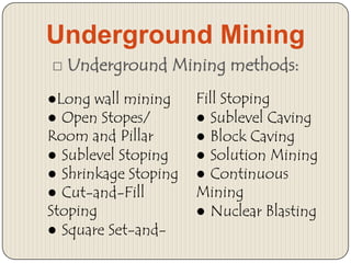 Underground Mining
□ Underground Mining methods:
●Long wall mining
● Open Stopes/
Room and Pillar
● Sublevel Stoping
● Shrinkage Stoping
● Cut-and-Fill
Stoping
● Square Set-and-

Fill Stoping
● Sublevel Caving
● Block Caving
● Solution Mining
● Continuous
Mining
● Nuclear Blasting

 